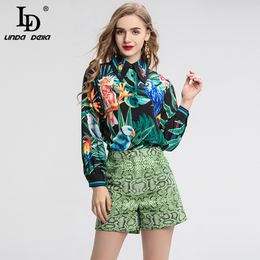 LD LINDA DELLA Spring Summer Fashion Runway Vintage Suit Women's Plant Animal Print shirt and Shorts Two Pieces Set Suits 201119