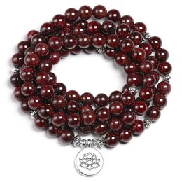 Natural A Red Garnet 108 Beads Mala Bracelet 8MM Stone Women Men Wing OM Charm Yoga Bracelets Handmade Accessories Gift Y200730