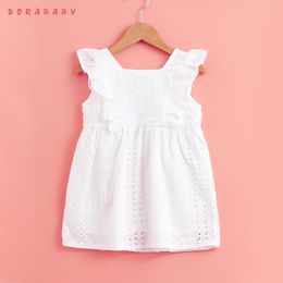 Dorbaby Summer New Style Dress 2- Children Priness-Clothing Pure White Fly-Sleeve Wooden Button Hollow Out England Style LJ200923