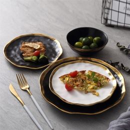 Ceramic Dinner Plate Gold inlay Snack Dishes Luxury Gold Edges Plate Dinnerware Kitchen Plate Black And White Tray Tablware Set 201217