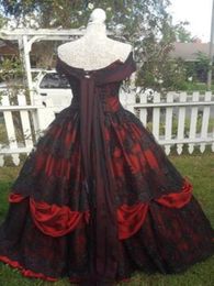 Gothic Belle Red Black Lace Ball Gown Wedding Dresses Vintage Lace-up Corset Steampunk Sleeping Beauty Off Shoulder Plus Size Brid201t
