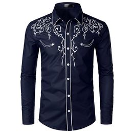 Men Stylish Western Cowboy Shirt Embroidery Slim Fit Casual Long Sleeve Shirts Wedding Party Shirt for Male