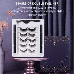 Thick Natural Long Self-adhesive Fake Lashes 5 Pairs Set Soft & Vivid None Magnetic Glue-free False Eyelashes With Double Eyeliner + Tweezer