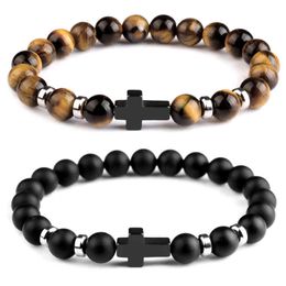 Handmade Natural Tiger Eye Agate Howlite Beads Black Cross Bangle Charm Men Bracelet