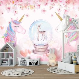 Custom Mural 3D Pink Hand Painted Flower Deer Horse Art Wall Painting Bedroom Children Room Background Photo Wallpaper Kids