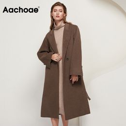 Aachoae Winter Women 100% Wool Long Coat With Belt Solid Double Breasted Chic Overcoat Long Sleeve Casual Woollen Coats 201102
