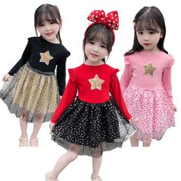 Children's Clothes Christmas TUTU dresses Full Sleeve Gold Star Red Pink Princess Knitting Dress For Girls Baby Cute Vestidos 220106