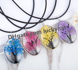 Pendant Necklaces Design Dried Flowers Plant Specimens Tree Of Life Necklace For Women With Leather Rope Chain Fashion Oval Glass Jewelry Choker Q1Xt Ne Nosck