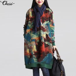 Celmia Women Winter Vintage Dress Autumn Long Sleeve Casual Loose Pockets Print Long Vestidos Robe Femme Plus Size Oversize 201022