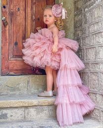2022 Lovely Pink Girl Pageant Dresses Jewel Neck Tutu Princess Tulle Ruffles Tiered High Low Length Kids Birthday Flower Girls Gowns Ball Gown