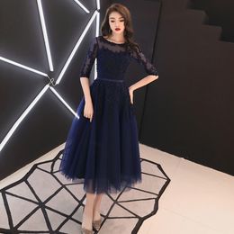 Navy Blue Formal Evening Gown With Half Sleeves Luxury Lace Appliques Beading Tea-Length Mother Of The Bride Dresses Plus Size LJ201125