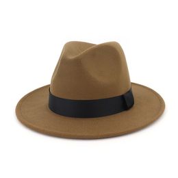 Men Women Flat Brim Jazz Wool Felt Fedora Hats Black Ribbon Decoration Simply Unisex Panama Gambler Hat Trilby