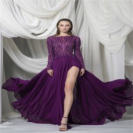 newest purple evening dress beads sequins long sleeves prom dress appliqued sexy high split sweep train custom made robe de soire