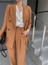 Spring Office Two-piece Blazer Pant Suit Fashion Solid Women Blazer Suits Long Sleeve Double Breasted Blazer Pants Set 201030