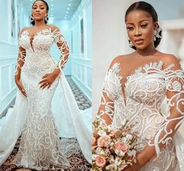 Plus Size Mermaid 2022 Wedding dresses With Detachable Train Beaded Lace Appliqued african aso ebi Bridal Gown Robe de mariée