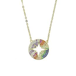 2021 Spring New Colourful Rainbow Jewellery Gold Colour Round Pendant Hollow Starburst Star Necklace Wholesale