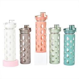 600ml Straight Glass Water Bottle Silicone Sleeves Travel Camping Water Tumbler Xu 0117