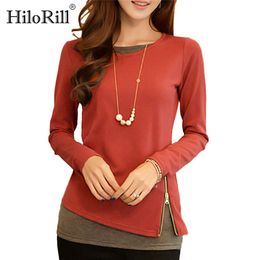 HiloRill Women t shirt New Casual Long Sleeve Tops Zipper Fake Two Pieces Tee Shirt Fashion Ladies Tunic Tops Plus Size 5XL 201125