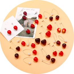 New Sweet And Cute Red Cherry Acrylic Long Earrings for Women Fashion Pearls Fruit Drops Earring Christmas Earrings Jewelry Gift
