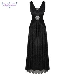 Angel-fashions Women's V Neck Pleated Beading Evening Dress Long A Line Formal Party Gown Black 486 LJ201119
