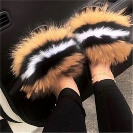 Winter Fox Slippers Non-slip Fluffy Plush Shoes Women's Slides Female Flip-flop Home Furry Fur Sandals 36-45 Y201026