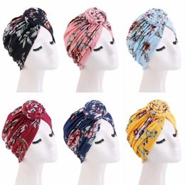 Bohemian Floral Printed Turban Hats Beanie African Muslim Women Donut Knot Headscarf Cap Stretch Hijab Head Cover Bandana Bonnet