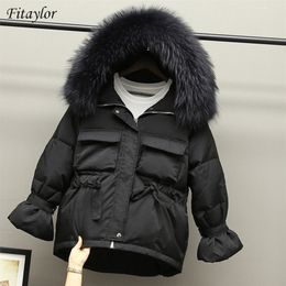 Fitaylor Winter Women 90% White Duck Down Parkas Slim Jackets Large Natural Raccoon Fur Hooded Warm Snow Coat Black Outwear 201102