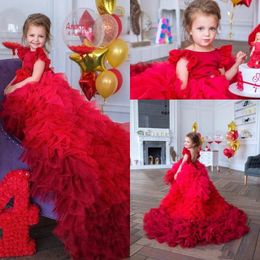 Girls' Red Flower Cap Sleeves Handmade Flowers First Communion Dresses Backless Tiered Tulle Kids Formal Wear Pageant Dress s