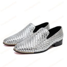 Genuine Leather Luxury Sliver Wedding Shoes Men Flats Office for Men Handmade Woven Plaid Formal Mens Dress Shoes