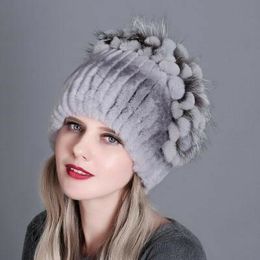 Real Rex Rabbit Fur Hats Women Winter Warm Beanie Earmuffs Cap With Fox Fluffy