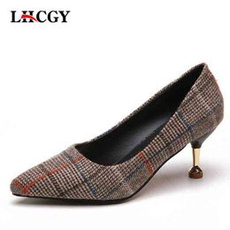 Dress Shoes Spring Autumn Women Medium Heels Pointed Toe Plaided Pumps Gold Woman Boat zapatos mujer 6004 220309
