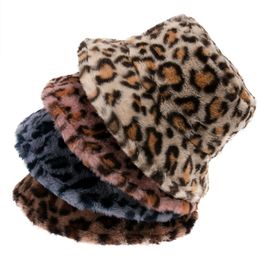 Autumn Winter Women Faux Rabbit Fur Leopard Bucket Hat Ladies Thick Warm Outdoor Travel Fisherman Hat Velvet Panama Girls Bob