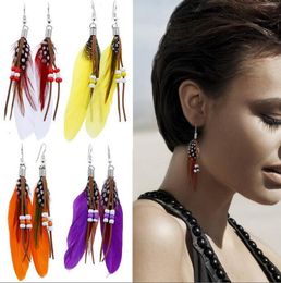 Long feather earrings boho style rice beads tassel feather earrings