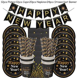 happy new year christmas Australia - 69pcs happy new year 2021 paper banner cups plates black gold 2021 new year party supplies Christmas decor new year Eve decor 201128