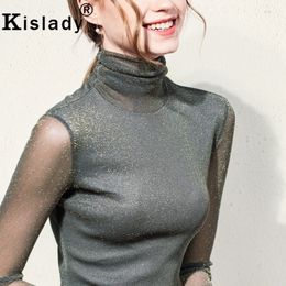 Kisaldy New Women's Bright Silk Top Fall Turtle Neck Long Sleeve Bottom Shirt Sexy Mesh Transparent Shining Fitness Shirts 201029