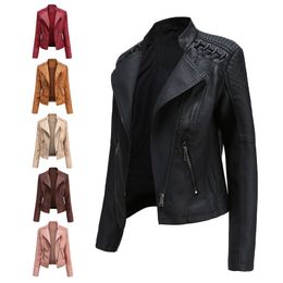 NXH Turn-down Collar PU faux leather jackets women luxury jacket black pink red biker coat 201226