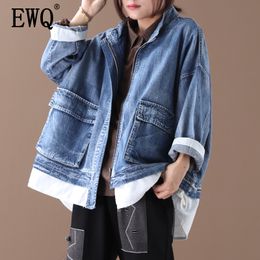 [EWQ] Spring Autumn New Stand Collar Long Sleeve Fake Two Piece Denim Patchowrk Single Breasted Vintage Coat Women AH051 201112