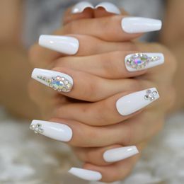 coffin shape nails Canada - False Nails Strass Design Label Press On Art Nail Tips White Long Coffin Shape For Party With Adhesive Taps 24 Pcs