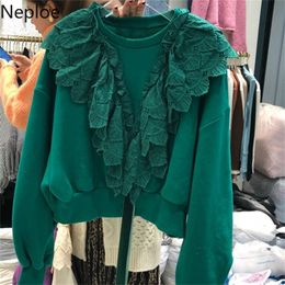 Neploe O Neck Long Sleeve Short Hoodies Elegant Ruffles Lace Green Sweatshirt Autumn Spring New Pullovers Loose Casual Top 201211