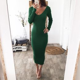 Nadafair Off Shoulder Knitted Midi Dress Women Club Party Wear Autumn Winter Backless V Neck Long Sleeve Sexy Dresses Bodycon T200707