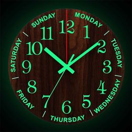 12 Inch Luminous Wood Silent light in dark night Nordic Fashion Wall Non Ticking Clock With 201212