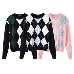 Sweet girls vintage knitted argyle sweaters early autumn fashion ladies pullovers cute women chic sweater streetwear 201201