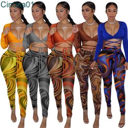 Women Sexy Screen Printed Two Piece Pants Suit Fashion Long Sleeve Tops And High Elastic Leggings Cacual Outfits