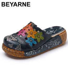 BEYARNE Genuine Leather Shoes Flower Slippers Handmade Slides Flip Flop On The Platform Clogs For Women Woman Slippers Plus Size Y200423