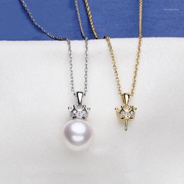 Pendant Necklaces 8MM White Shell Pearl Real 925 Sterling Silver Chain Round Zircon Crown Necklace1