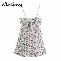 Nlzgmsj za women vintage floral playsuits bow spaghetti strap sleeveless rompers ladies summer casual chic jumpsuits T200704