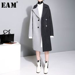 [EAM] 2021 New Spring Lapel Long Sleeve Solid Colour Black Grey Split Joint Loose Big Size Jacket Women Fashion JC969 210218