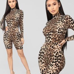 Women's Jumpsuits & Rompers Leopard Long Sleeve Jumpsuit Turtleneck Waist Bodysuit Sexy Biker Shorts Cheetah Print Romper Women Summer 2021