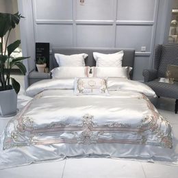 Europe Premium Chic Embroidery White Luxury Bedding 4/7Pcs Silk Satin Quilt Duvet cover Ultra Soft Cotton Bed sheet Queen King T200706