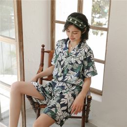 JULY'S SONG Women Spring Summer Pyjama Set Faux Silk V-Neck Pyjamas Printed Leisure Nightwear Short Sleeves Shorts Sleepwear Y200708